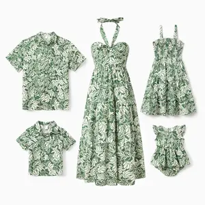 PatPat Family Matching Leaf Print Short-sleeve Shirt or Halter Dress Green Set Spingtok