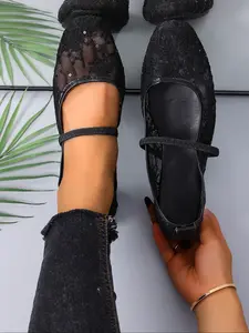 Women's Lace Ballet Shoes, Transparent Embroidered Rhinestone Straps, Buckle Design Fit, Soft Sole Comfort, Dance Training/daily Wear