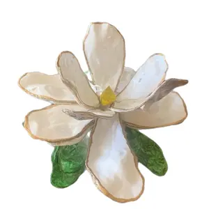 Oyster Shell Magnolia Statue Handcrafted Coastal Decor with White Petals and Green Base