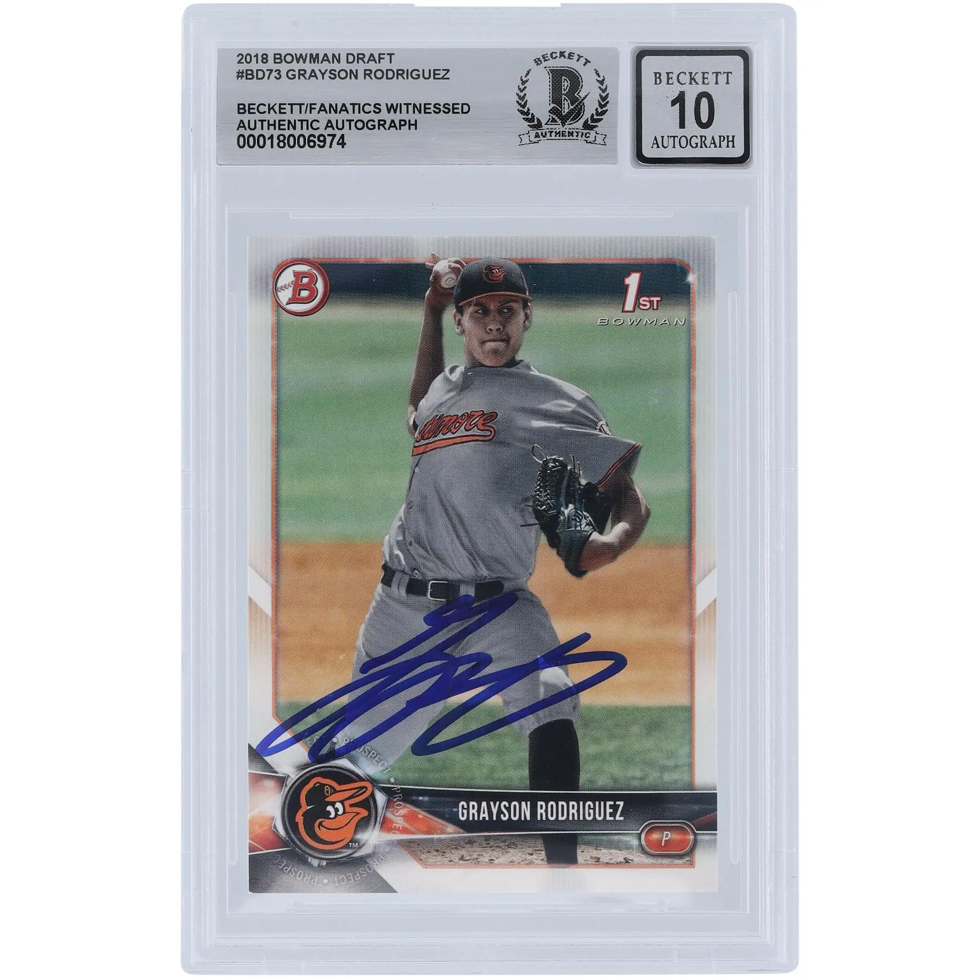 Grayson Rodriguez Baltimore Orioles Autographed 2018 Bowman Draft 1st Bowman #BD-73 Beckett Fanatics Witnessed Authenticated 10 Card - Fanatics Authentic Certified