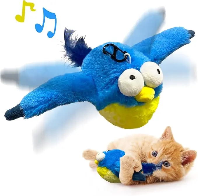 Smart Interactive Cat Toy - Flapping Wings Chirping Blue Bird with Catnip, Touch-Activated Motion Plush Toy for Indoor Cats, Kittens & Small Dogs (USB Rechargeable)