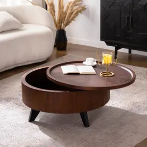 Round Coffee Table with Hidden Storage Removable Top, Modern Luxury Circle Drum Coffee Tables, Solid Wood Veneered Circle Center Table with Sturdy Pedestal for Living Room, Easy Assembly