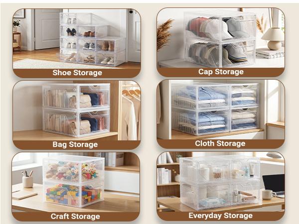 BROVIEW S6 XX-Large Shoe Sneaker Storage Boxes for Size 14, Stackable & Thicken Clear Plastic Shoe Organizers 6/8/12/15 Packs for Entryway Closet Under Bed, Shoe Storage Cabinets Container Display Case w/ Magnetic Door