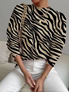 Women's Zebra Print Stand Collar Sweater, Fall Winter Casual Long Sleeve Knitwear, Comfortable Warm Daily Wear, Elegant Striped Design