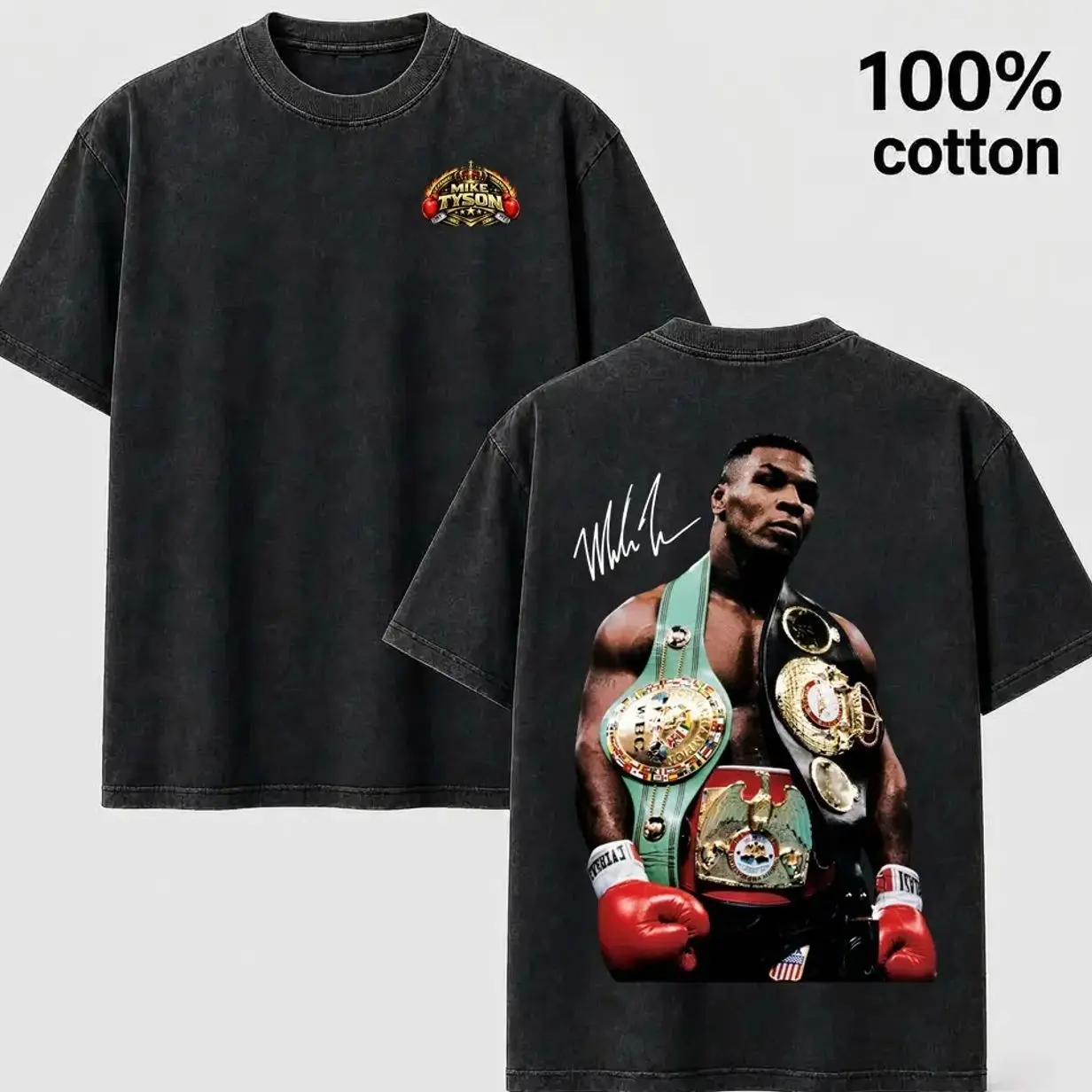 Men's Vintage Wash Mike Tyson Round Neck Short-Sleeve T-Shirt - Heavyweight 100% Cotton Boxing Top, Men's Graphic Tees, Vintage Graphic Tees X9V