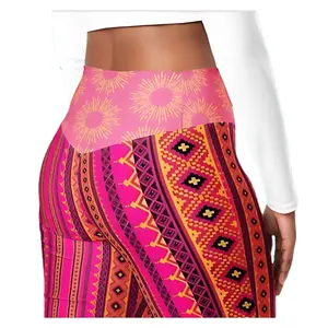 Pink Forbidden Pants Flared Leggings - Stylish Tribal Booty Lifting Ikat Geometric Vertical Stripe High Waisted Yoga Pants with Phone Pocket