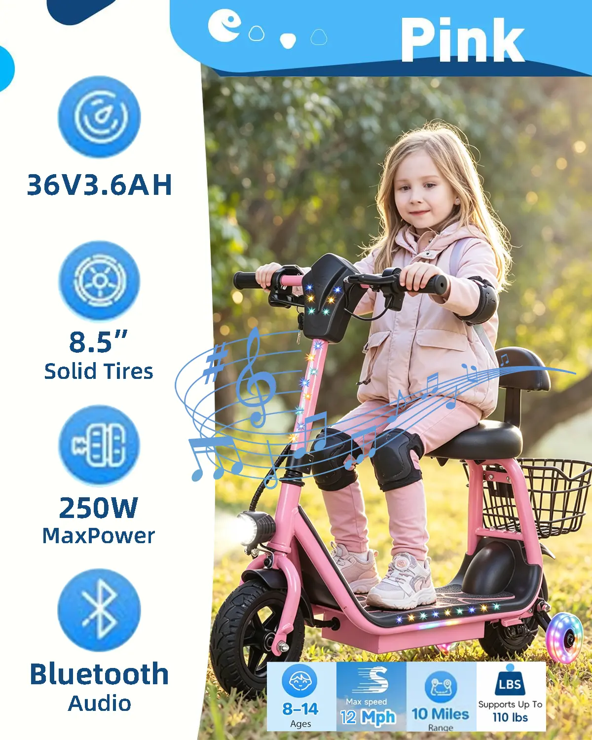  2-in-1 Kids Electric Scooter with seat ,Up to 12mph&10Miles Range，250W Motor, Headlight & Brake Taillight, Removable Seat&Basket, Smart App Parental Control,Electric Scooter for Kids Ages 4-10  Ideal Kids Gift