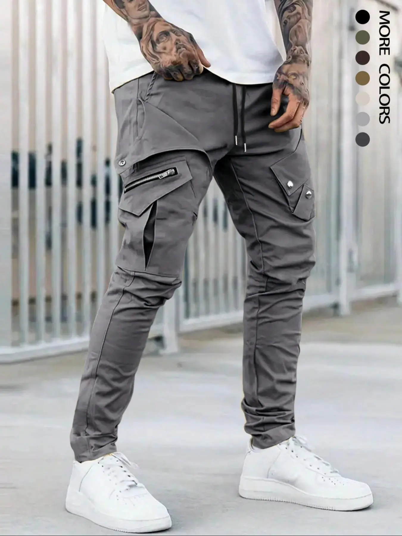 Solid Color Zipper Flap Pocket Drawstring Cargo Pants, Summer Outfits 2024 for Work, Cargo Pants for Men, Loose Casual Elastic Waist Trousers for Outd