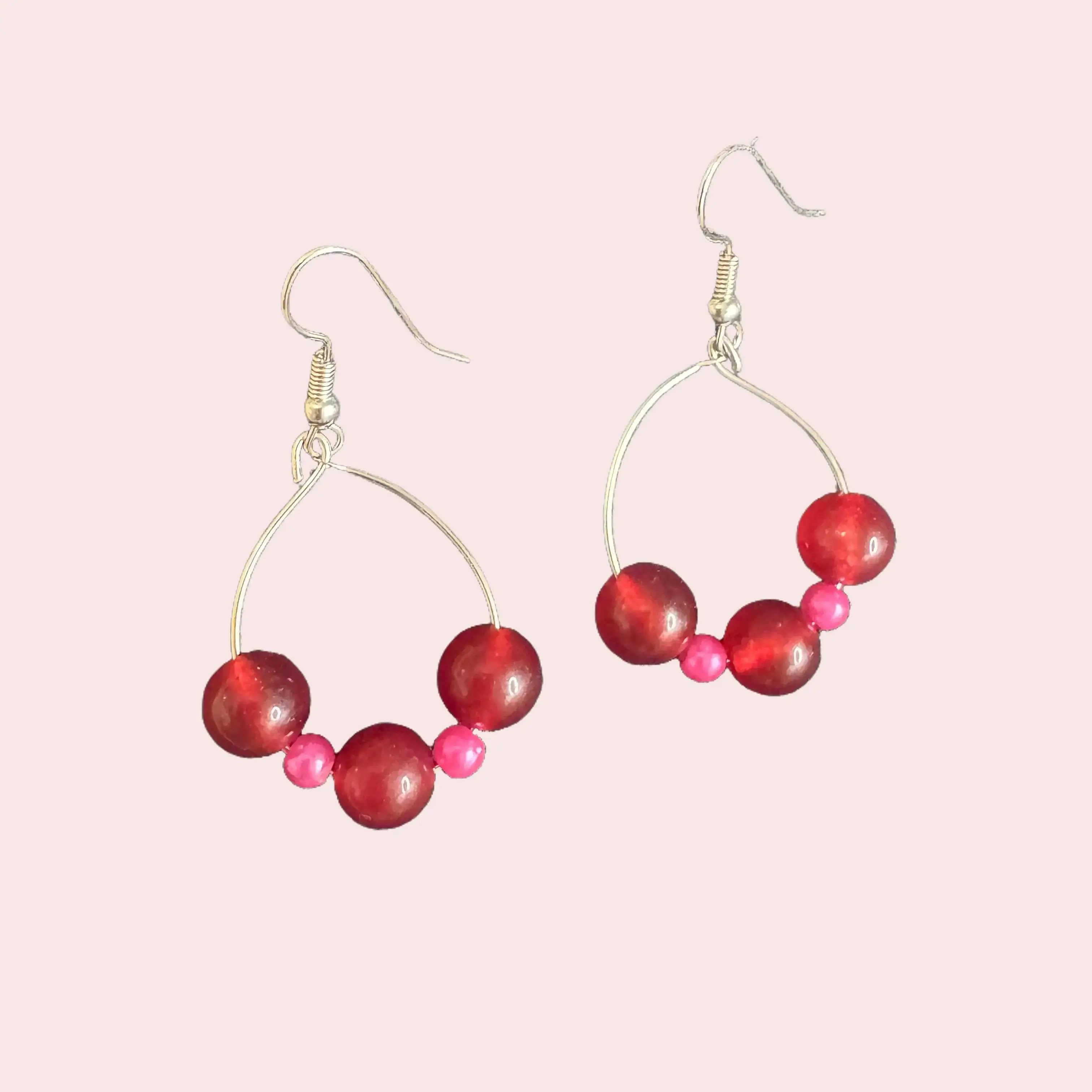 Maroon Hoop Earrings with Red and Pink Beads Simple Design Accessories