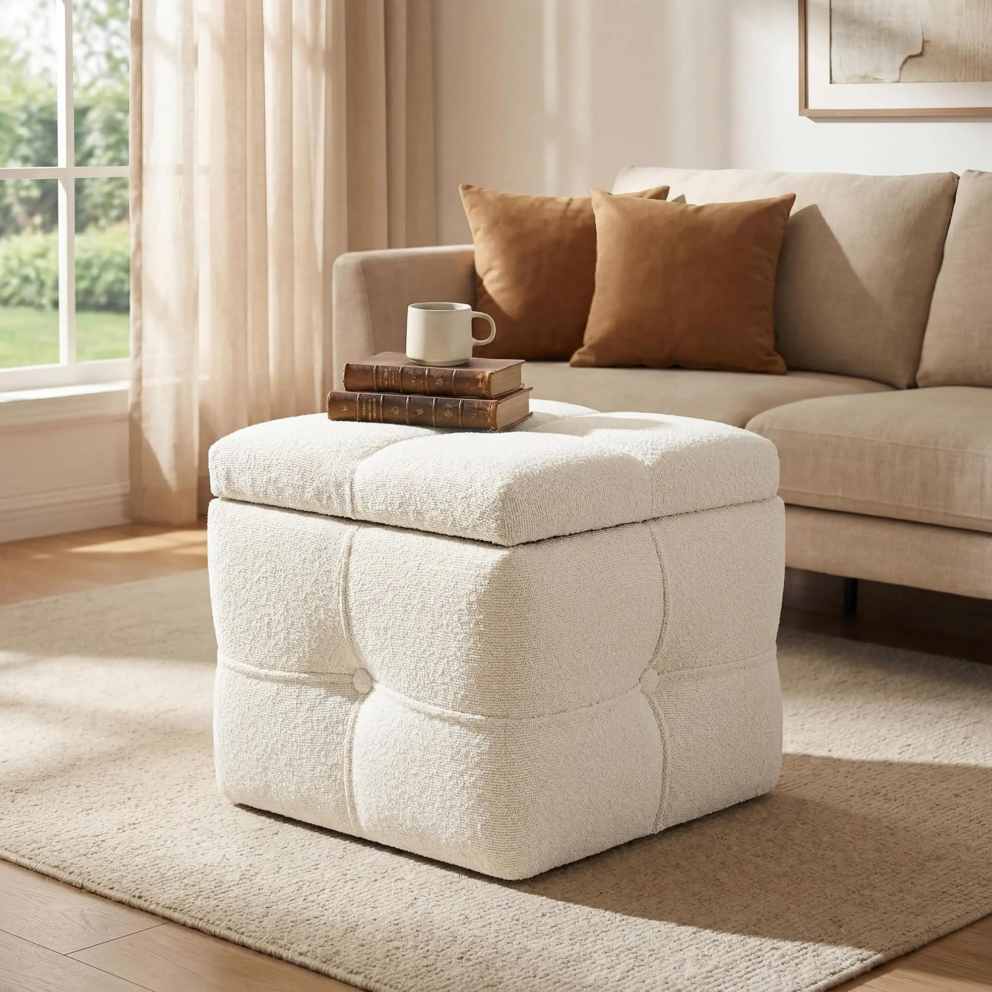 16.5 Inch Square Boucle Storage Ottoman with Hinged Lid