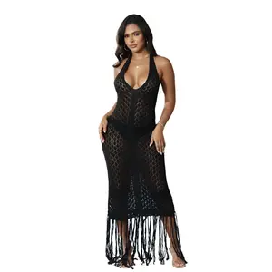 Acelyn Dress Womens Crochet See Through Bodycon Maxi Dress Sexy Halter Backless Knit Fringe Party Club Long Dress Summer Beach Vacation Cover Up Sleeveless Casual Womenswear
