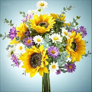 Silk Sunflower Bouquet Fake Floral Arrangement with Sunflowers for Wedding Decor Bridal Centerpieces Fall Home Decoration Party Table Gravesites Floral Display