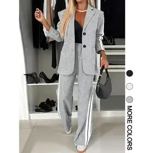 Women's Striped Print Blazer Jacket & Wide Leg Pants Set, Casual Fitted Suit for All Seasons, Stylish Ladies' Clothing Ensemble
