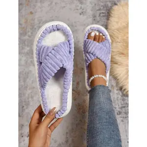 Women's Fashion Slippers, Cross Design Plush Material, Warm & Cozy, Perfect for Hardwood Floors, Ladies' Home Footwear, Non Slip Slippers, Slippers Indoor(Sheets)