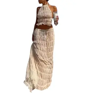 Women's 2-Piece Oversized Dress Set - Lightweight Polyester Basic Comfortable Fabric, Sleeveless Backless Cropped Top & High Waist Pleated Long Skirt, Elegant Statement Beach Outfit