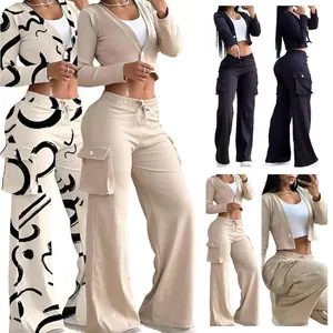 Best-selling two-piece women’s set featuring wide-leg pants and a long-sleeved cropped top with pockets