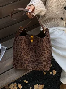 2025 Women's Fashion New Korean-Style Retro Leopard Print Tote Bag, Versatile Solid-Color Suede Armpit Bag, Canvas Shoulder Bag Crossbody Parent-Child Bag, Crossbody Shoulder Bags, Fashionable Patterned Bag