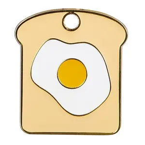 Eggs n' Toast Tag - Cool Pet ID Tag with Free Engraving, 30mm x 30mm, Zinc Alloy Finish, Steel Ring Included, Stylish and Durable for Pet Owners.