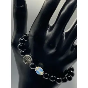 Aries Zodiac black obsidian with opalite semi precious stone/crystal elastic beaded bracelet with silver accents