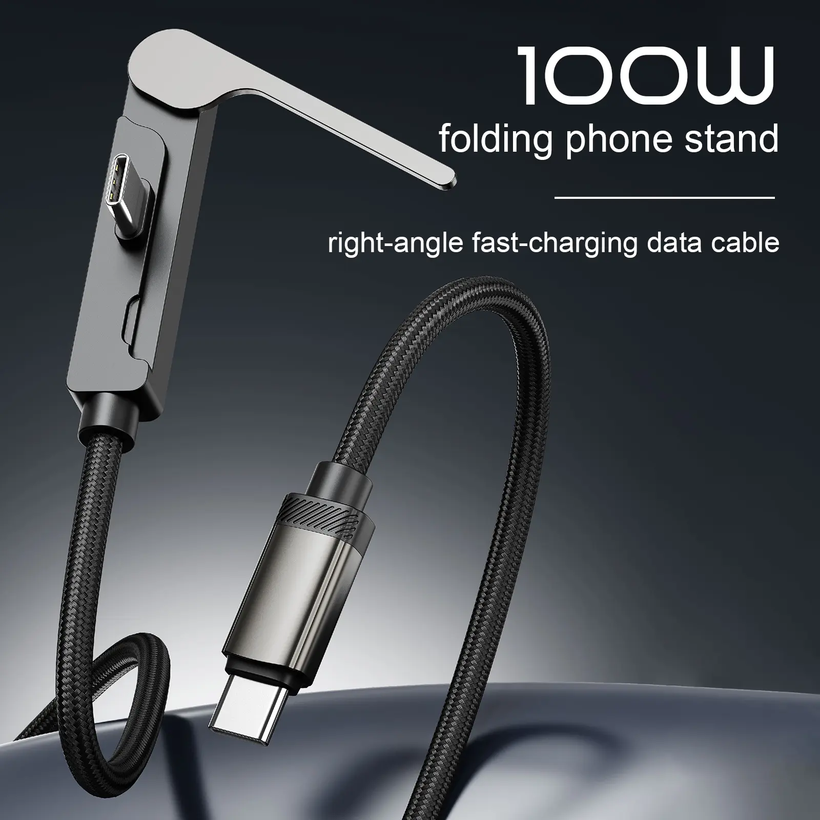 MOJUE 100W USB C Cable with Foldable Phone Stand, Right Angle Fast Charging Data Cable, 90 Degree Gaming Charging Cord, Nylon Braided Type C to Type C or Type C to LIghtning Cable for iPhones 11-17 ,Samsung, Tablets, Laptops, Black