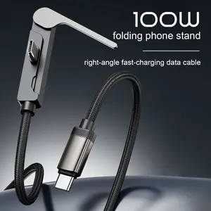 MOJUE 100W USB C Cable with Foldable Phone Stand, Right Angle Fast Charging Data Cable, 90 Degree Gaming Charging Cord, Nylon Braided Type C to Type C or Type C to LIghtning Cable for iPhones 11-17 ,Samsung, Tablets, Laptops, Black