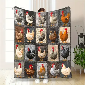 1 piece of basic-color multi-color chicken patchwork quilt - A soft flannel farmhouse-style bedspread with a chicken pattern, lightweight and suitable for all seasons (sofa/bed/camping blanket), a gift for chicken lovers, warm flannel blanket