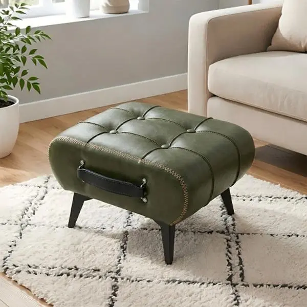 Modern Minimalist Square Storage Ottoman, Faux Leather Foot Stool with Hidden Storage, Portable Handles & Metal Legs, Multi-Purpose Footrest Extra Seat for Living Room, Entryway & Apartment, Green