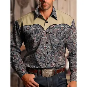 Wrinkle-Free Stretch Dress Shirt Men's Yellowstone Western Denim Shirt Two-tone patchwork pattern Men's roll-down button top Stylish casual long-sleeved shirt