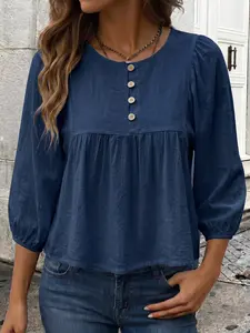 Women's Bubble Sleeve Ruched A-Line Loose Fit Solid Color Blouse, Long Sleeve Peter Pan Collar Casual Top for Spring & Fall