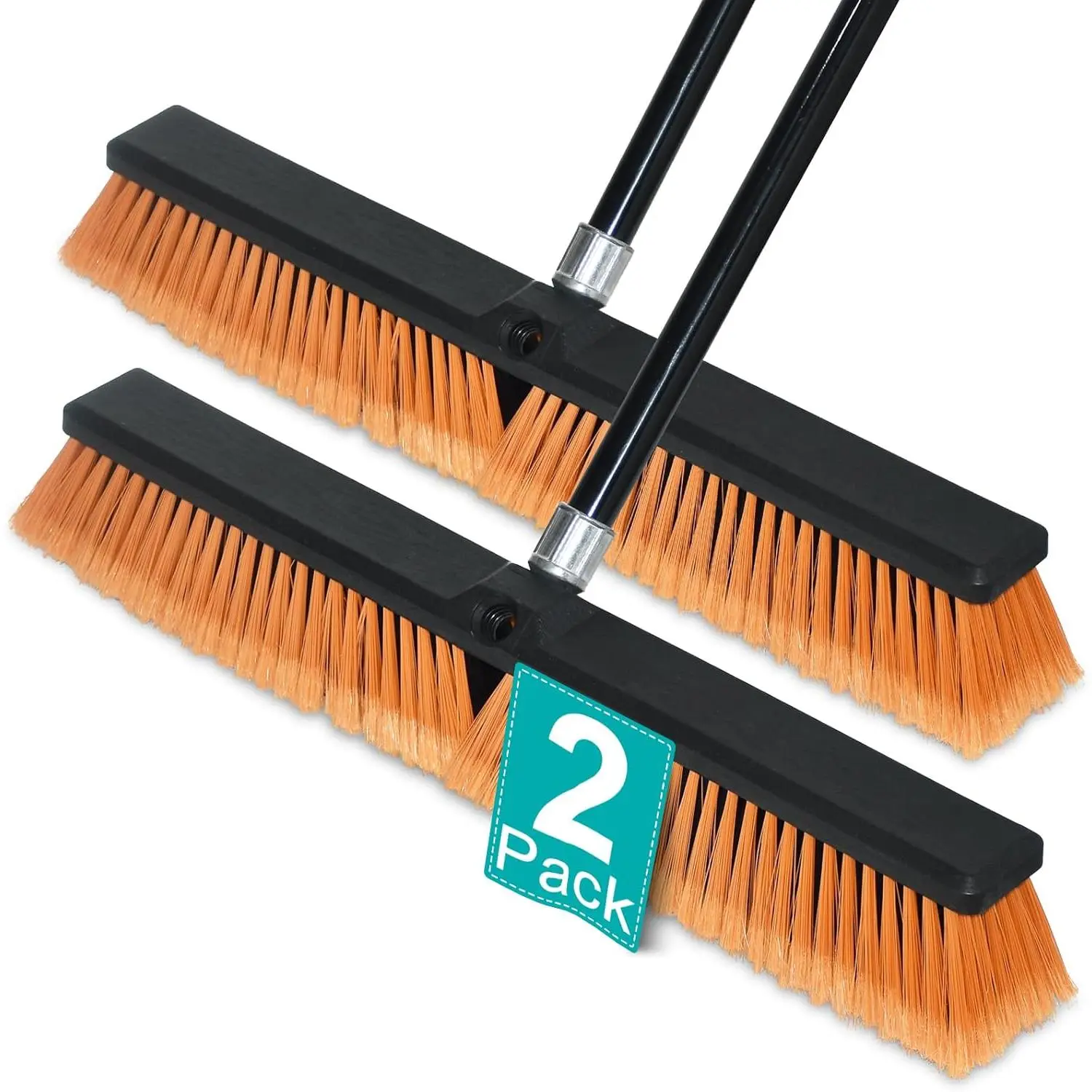 24 Inchs Push Broom Outdoor Heavy Duty, Shop Broom with 60" Long Handle for Cleaning Outdoor or Indoor Tile, Garage, Shop, Deck, Concrete, , Stone, Patio Floor, 2 Pack