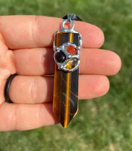 Success & Abundance Blade Amulet (Prosperity) Pendant with Black Satin Cord, Citrine, Tigers Eye, Garnet, Red Jasper
