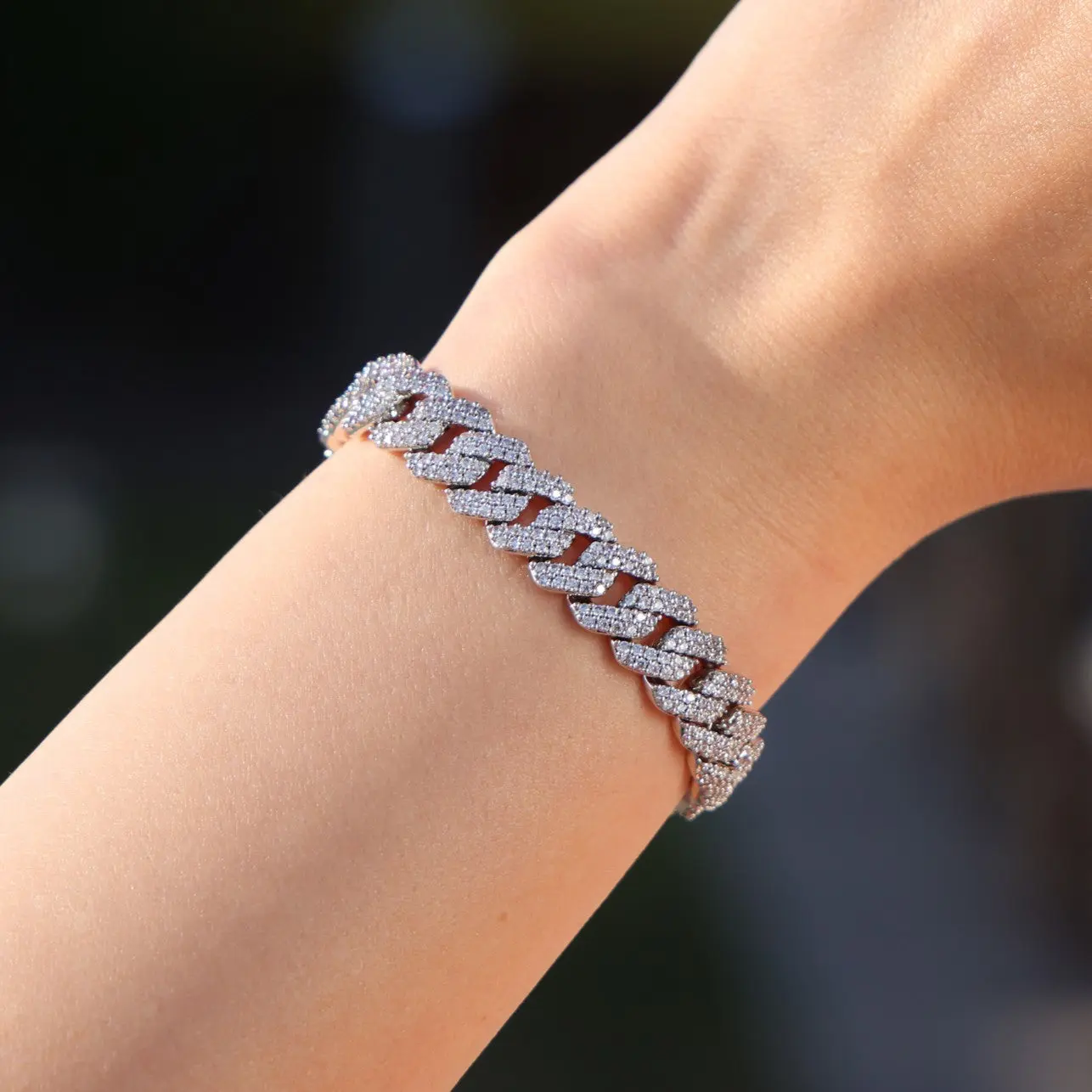 10mm Diamond Prong Link Cuban Bracelet - White Gold