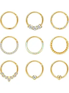 Diverse 9 Pcs Golden Retro Septum Nose Rings 316F Surgical Steel Septum Rings Nose Ring Hoops for Women Men Cartilage Earrings Helix Lip Conch Tragus Daith Piercing Jewelry Set
