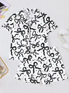 Sleepwear Set, Cartoon Pattern Design, Short Sleeves & Loose Fit, Casual Daily Pajama Wear, All Season Comfortable Clothing