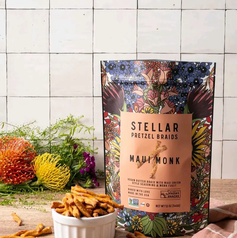 Stellar 2 Pack Maui Monk Pretzel Braids Vegan Butter Baked with Maui Onion Snack 3.2 oz Packaged Food Healthy Snacking Option