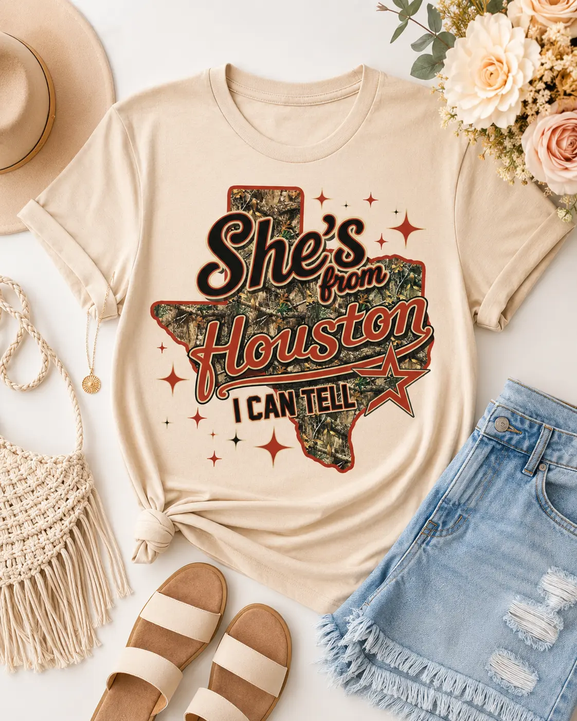 Gildan Women's Vintage Houston Graphic T-Shirt, Short Sleeve Southern Style Tee with Texas Camo Outline & Western Star Accent