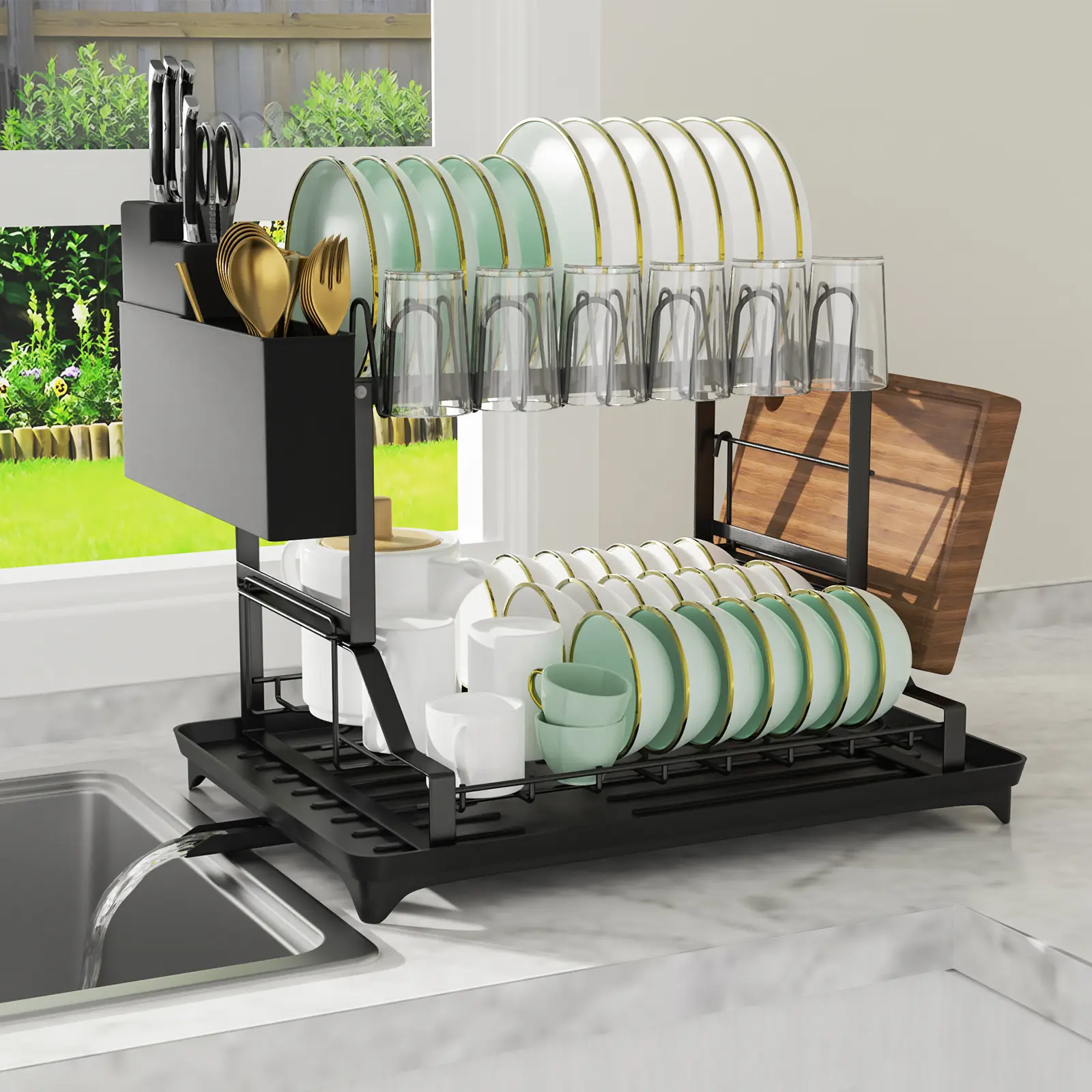 2-Tier Large Capacity Kitchen Countertop Organiser - Compact Double Shelf Draining Boards Storage Rack with Drainage Board for Home Organization