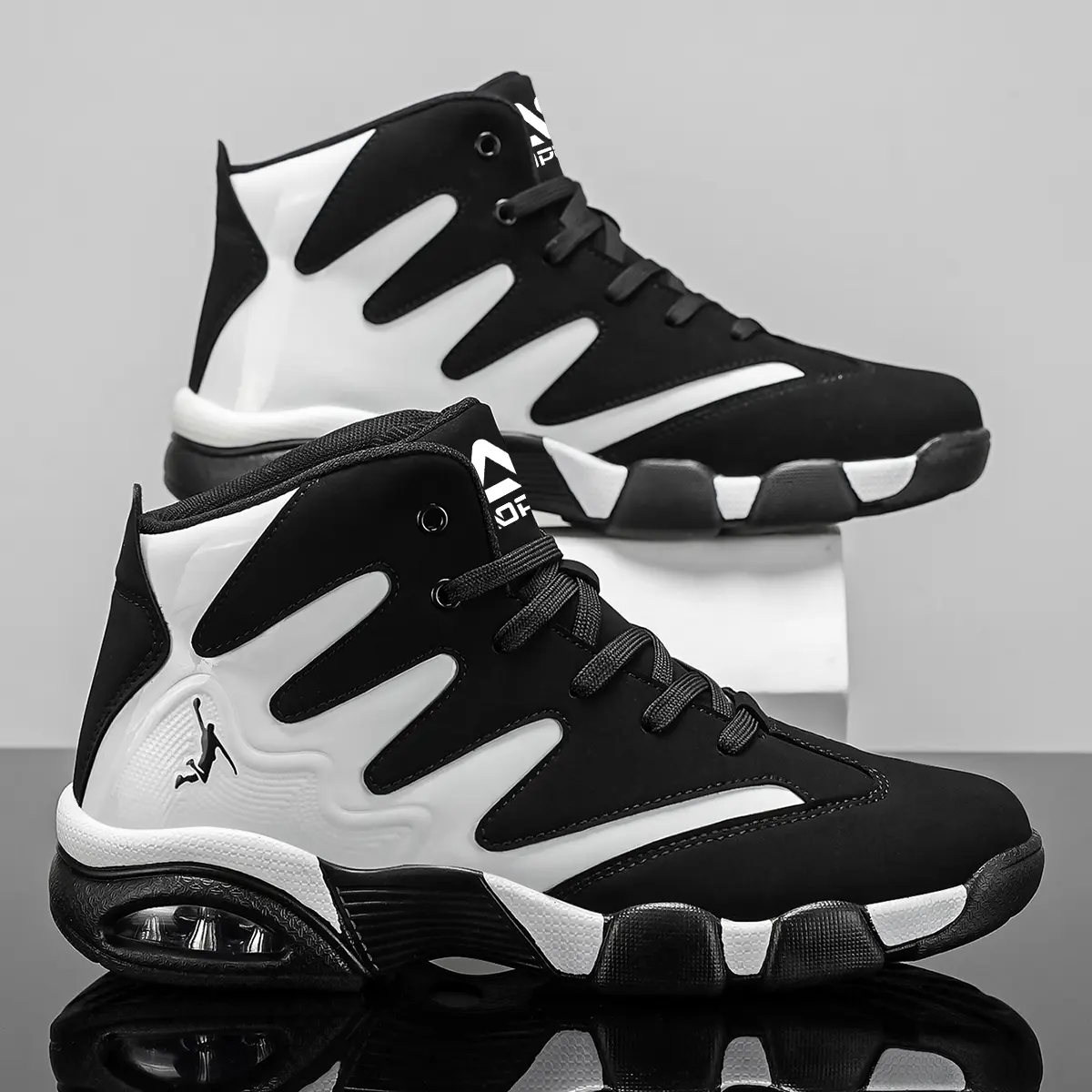 Men's High-Top Lace-Up Basketball Sneakers - Suede & PU Casual Wear Shoes with Rubber Sole, Air Cushion Shock Absorption, Ankle Support, Colorblock Design, Comfortable & Breathable Liner