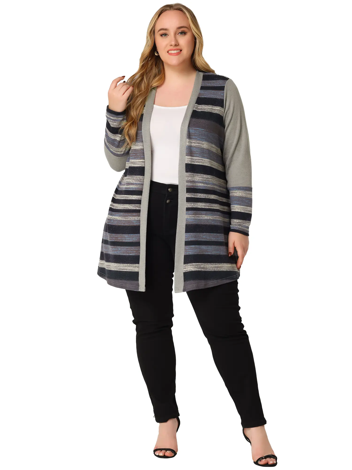 Agnes Orinda Plus Size Long Open Front Striped Sweater Cardigans