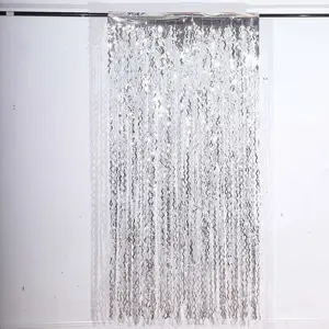 Metallic Silver Wavy Tinsel Streamer Party Backdrop, Curly Foil Fringe Photo Booth Curtain 3ftx6ft
