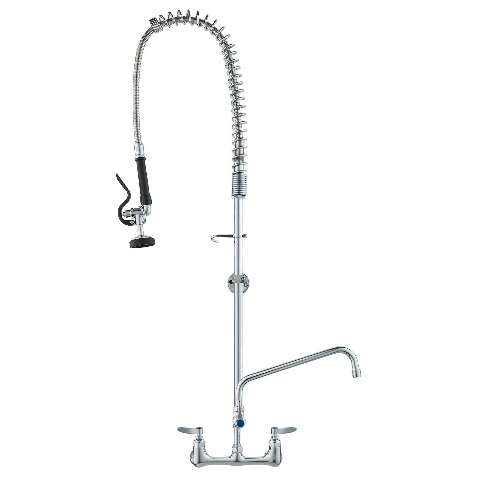 【summerfinds】VEVOR Commercial High Arc Wall-Mounted Kitchen Faucet, 47" Tall, 8" Apart, 12" Rotating Spout, Pre-Rinse Spray, Brass Build, Pull-Down Feature for Multi-Compartment Sinks (Double Handle), Commercial Kitchen Faucet, Double Handle Faucet