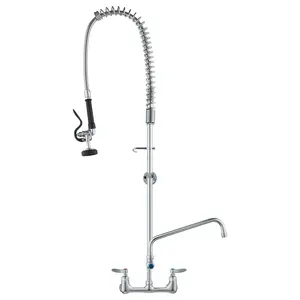 VEVOR Wall-Mounted Kitchen Faucet, 47" Tall, 8" Apart, with 12" Rotating Spout and Pre-Rinse Spray, Brass Build, Pull-Down Feature for Multi-Compartment Sinks