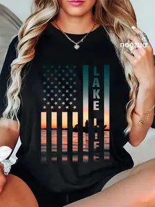 100% Cotton Lake Life Fisherman Sunset American Flag Bass Fishing Boat T-Shirt