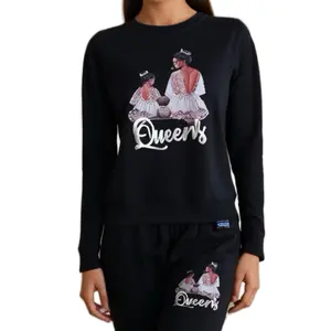 #829 Duo mamá e hija Conjuntos de Pantalón Sudadera Black Cotton Comfortable Crewneck Sweatshirt & Trouser Set S/M Loose Fit Casual Wear