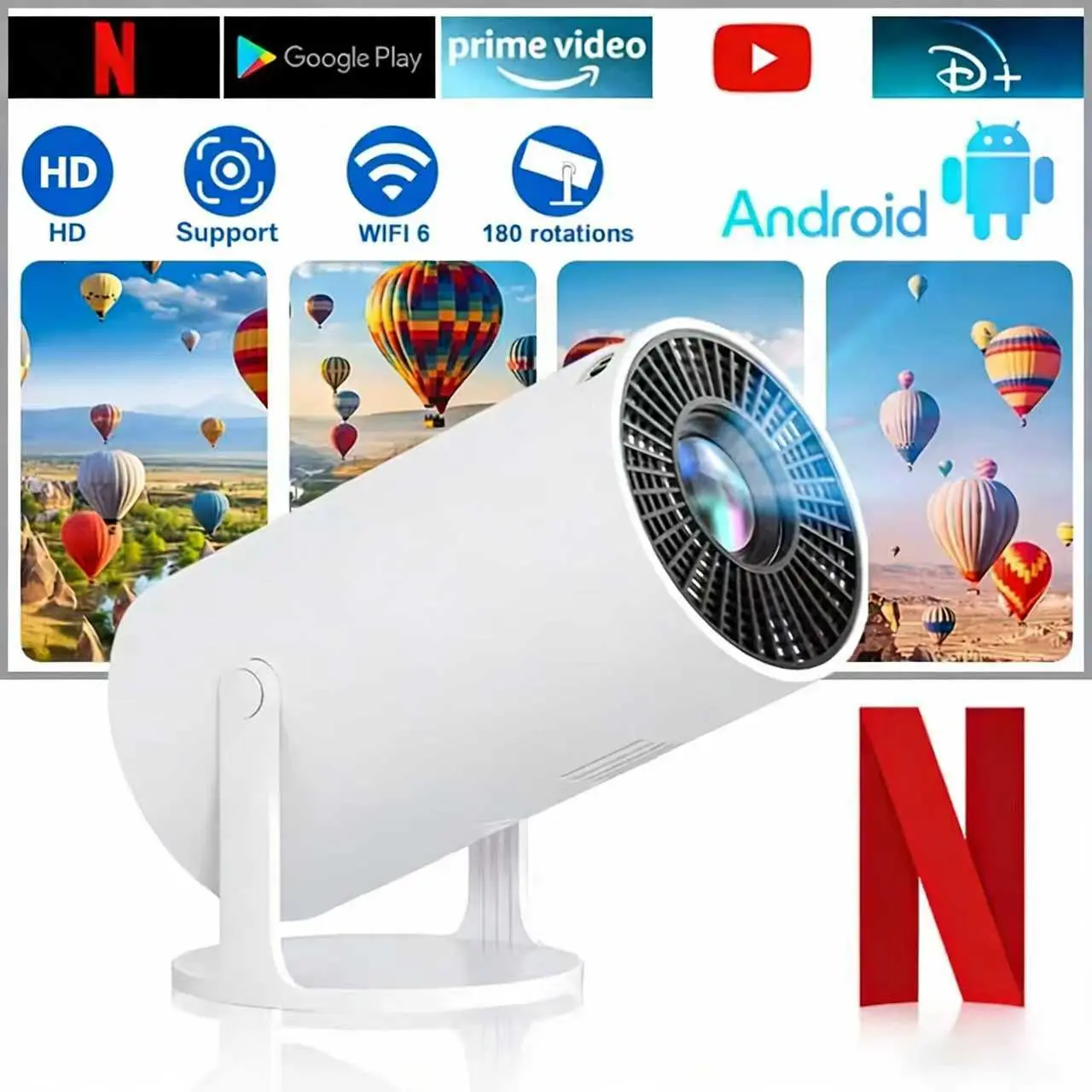 LED Video Projector, Mini Portable Full HD Model with WiFi 6, Bluetooth 5.4, 180° Rotatable Design, Android Support, Multi-Function Remote Control, Built-In Audio for Movie Night & Home Cinema