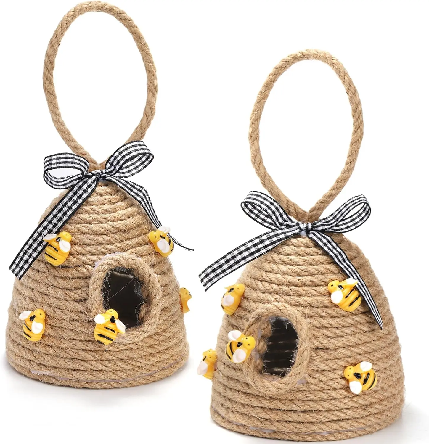 2 Pack Bee Hive Decor with Loop, Mini Bee Hive Bees Tiered Tray Decor, Spring Summer Shelf Sitter Coffee Bar Kitchen Table Bumble Bees Theme Party Home Decorations
