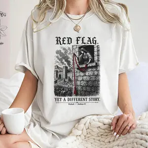 Red Flag Different Story Shirt, Rahab Joshua II Short Sleeve, Medieval Christian Biblical Humor T-shirt, Gothic Faith Vintage Engraving Shirt