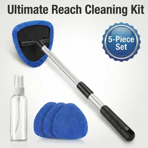 Extendable Triangle Window and Glass Cleaning Brush Tool Kit for Car Windshields and High Windows Includes 3 Microfiber Pads and Spray Bottle
