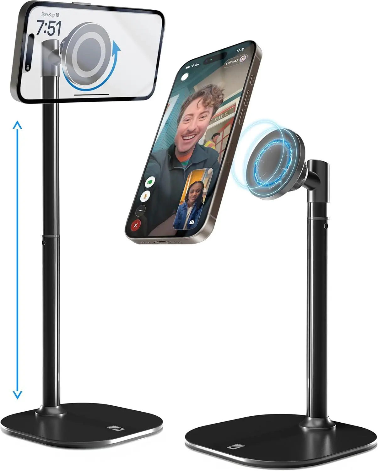 MagStand Adjustable Magnetic iPhone Stand for Desk, Compatible with MagSafe, Phone Holder for Video Recording and Hands Free Use, Small MagSafe Tripod Stand for iPhone 17 Pro Max, 16, 15, 14, 13 and 12, Black
