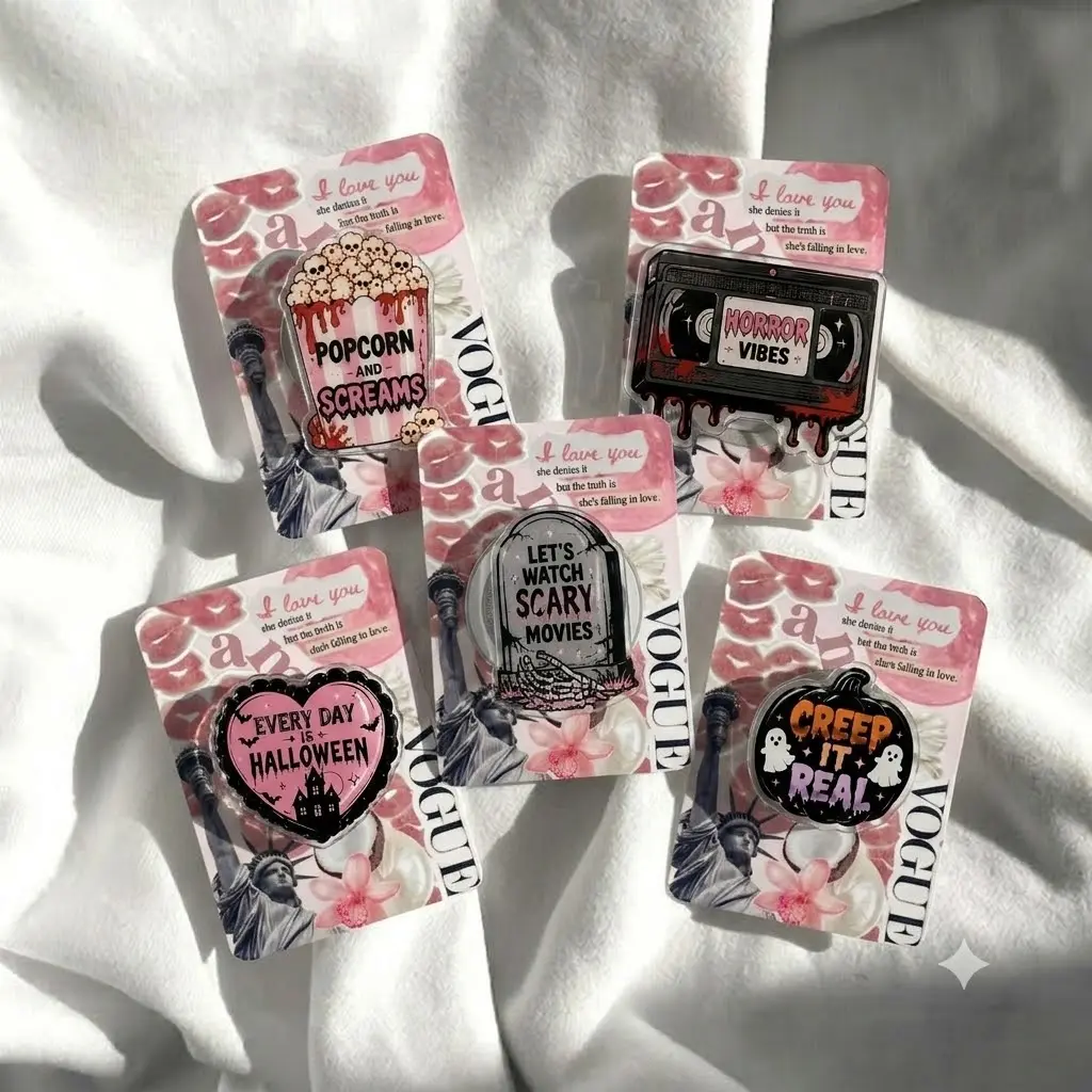 Retro Horror Phone Grip Collection, Acrylic Spooky Season Accessories with VHS Tape, Scary Movie, Popcorn and Ghost Designs, Fun Gift for Halloween Lovers and Horror Fans